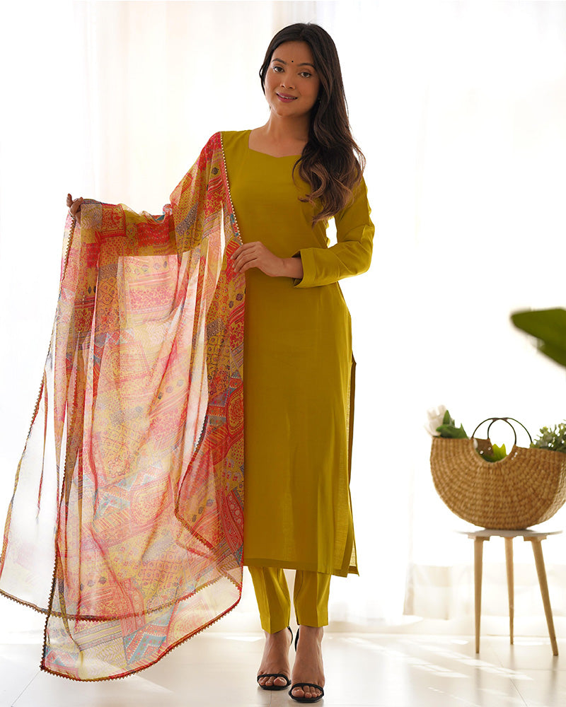 Yellow Color Viscose Ready To wear Three Piece Kurti Suit