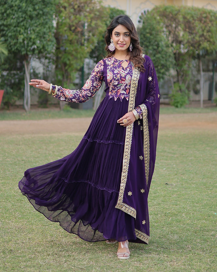 Purple Color Frill Georgette Gown With Dupatta