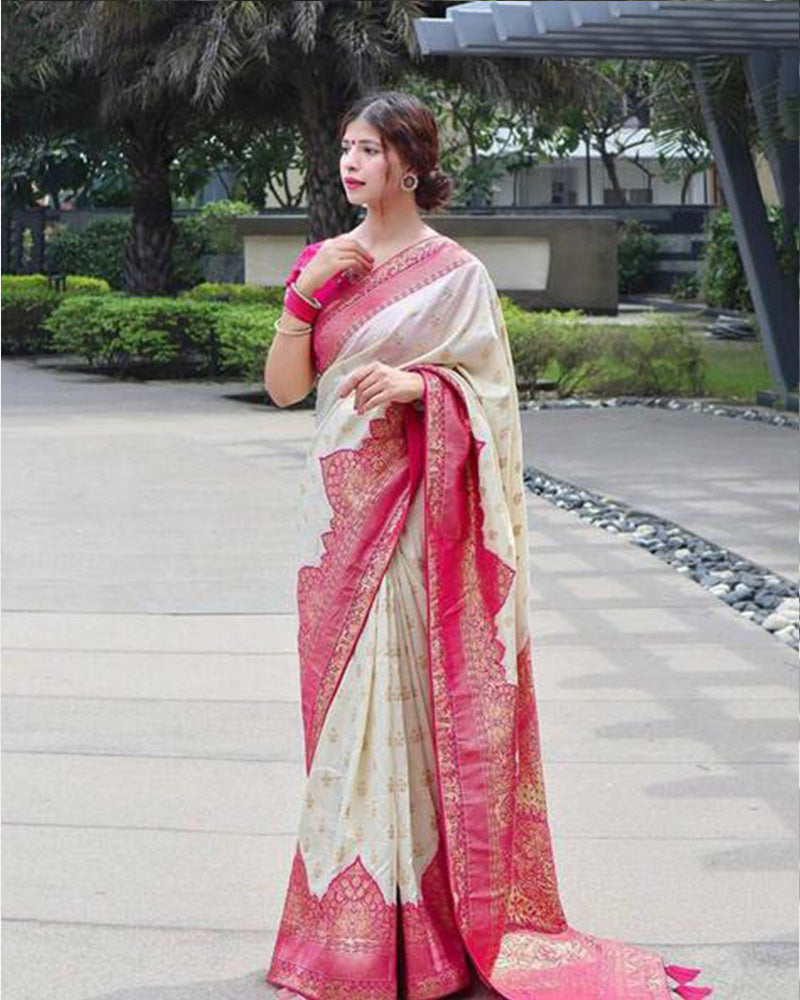 Pink And Cream Color Banarasi Jacquard Soft Silk Saree