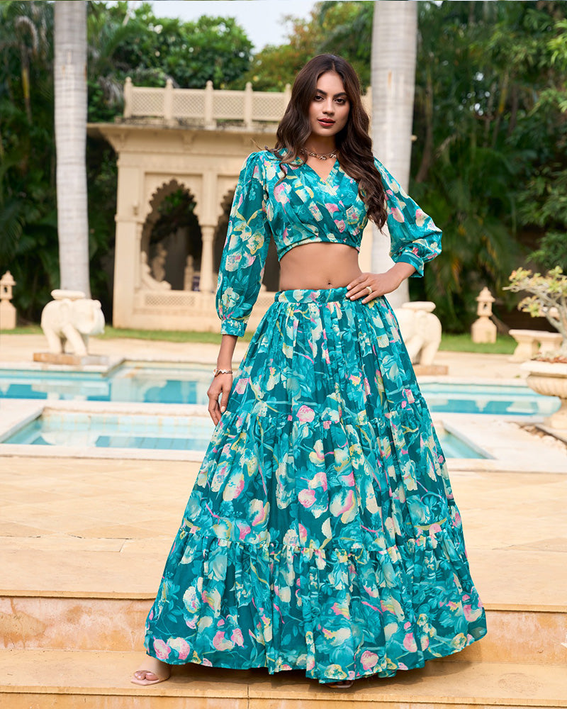 Teal green Color Georgette Printed Crop Top Lehenga Choli