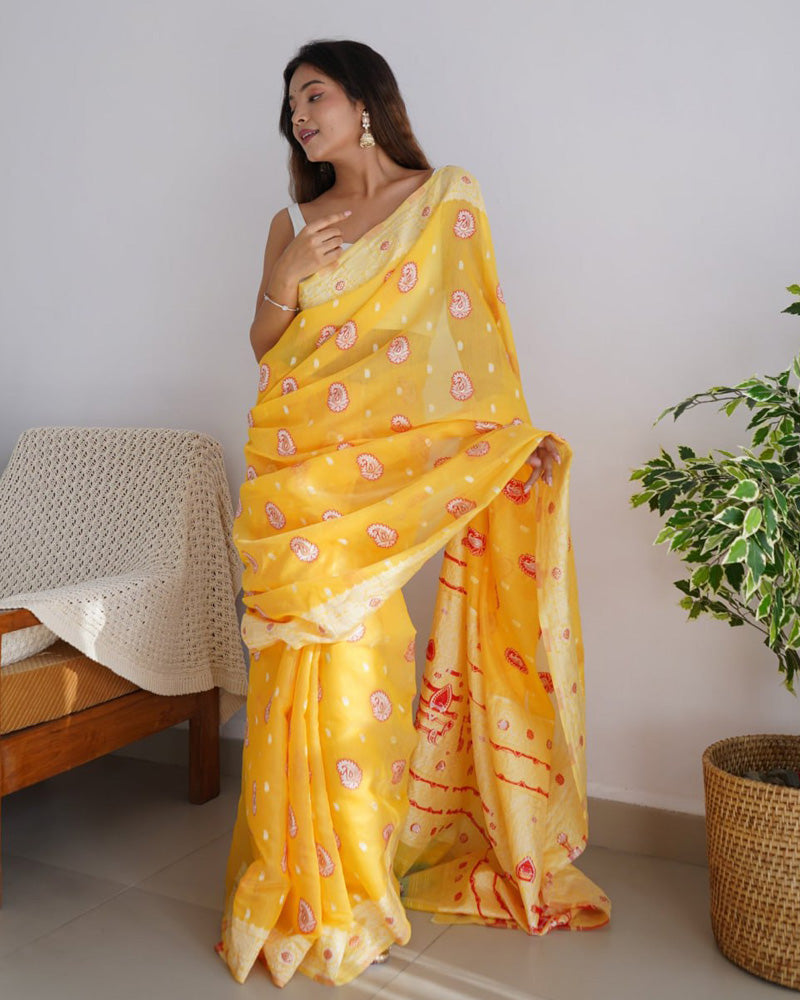 Beautiful Yellow Color Soft Cotton Saree