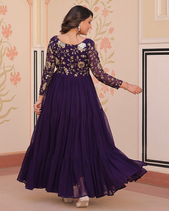 Elegant Purple Floor-Length Gown With Golden Threadwork