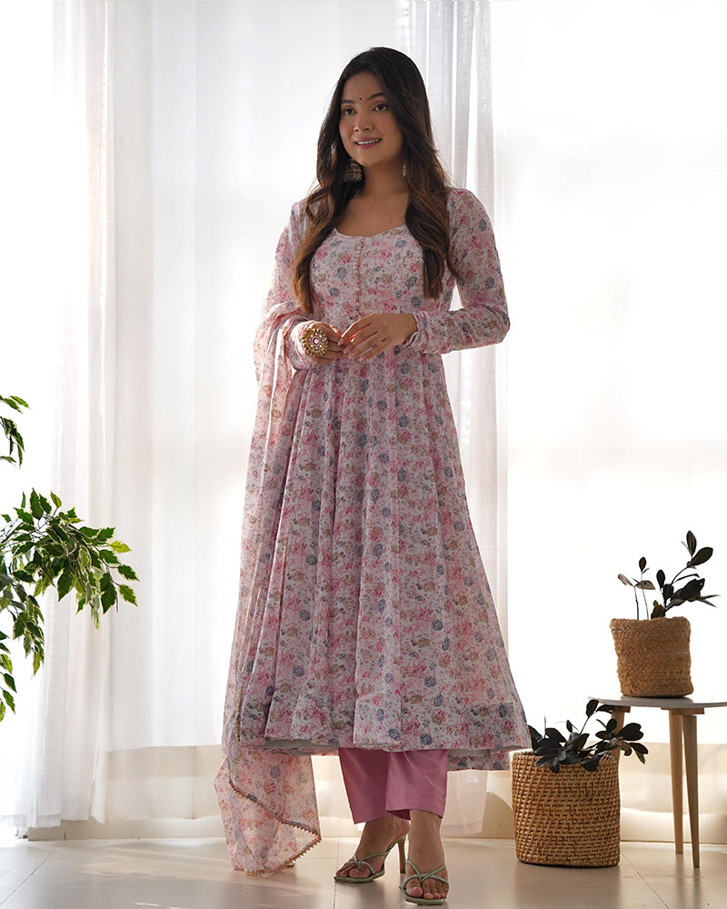 Baby Pink Color Heavy Chiffon Floral Print With Full Flair Three Piece Anarkali Suit