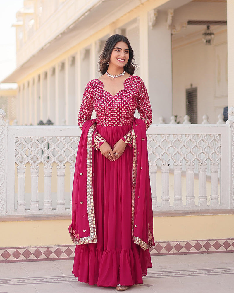 Rani Pink Color Faux Blooming Gown With Sequins Embroidered Dupatta