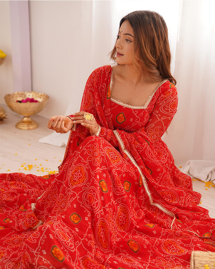 Red Color Bandhej Print Soft Chiffon Anarkali Gown