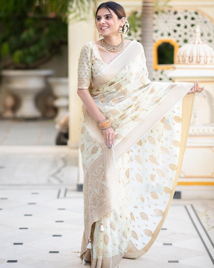 White Color Banarasi All over Jacquard Soft Silk Saree