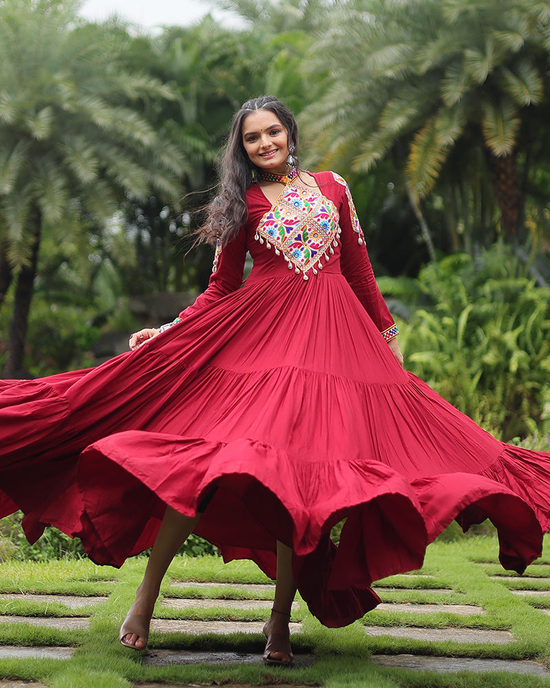 Maroon Color Reyon Gamthi Style Navratri Gown