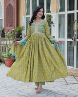 Lime Green Color Printed Pure Cotton Three Piece Kurti Suit