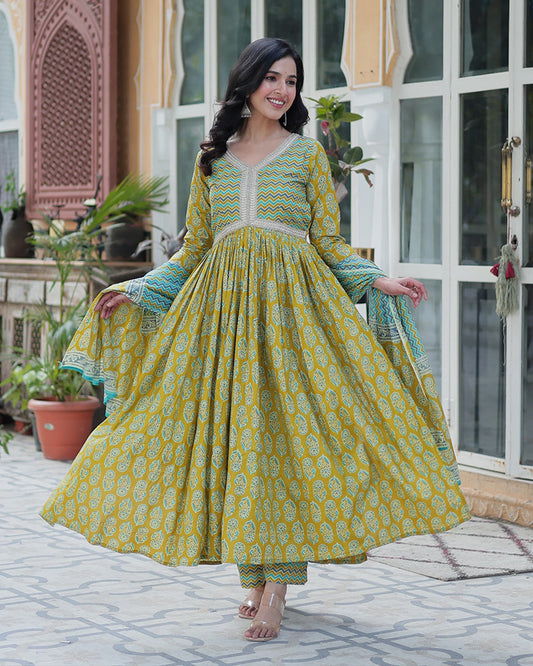 Lime Green Color Printed Pure Cotton Three Piece Kurti Suit