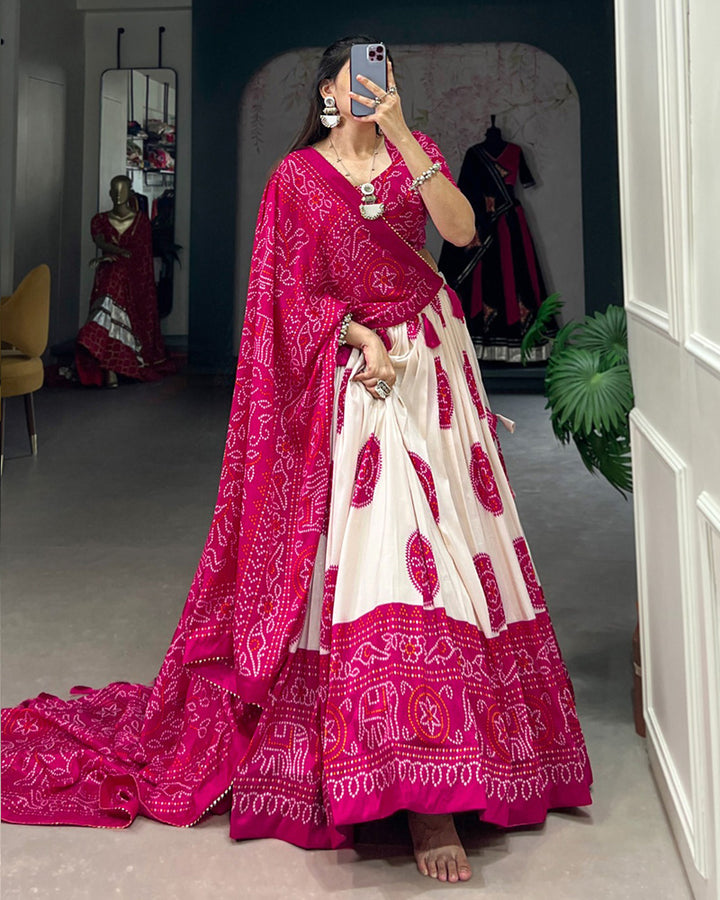 Pink Color Tussar Silk Bandhej Printed Lehenga Choli