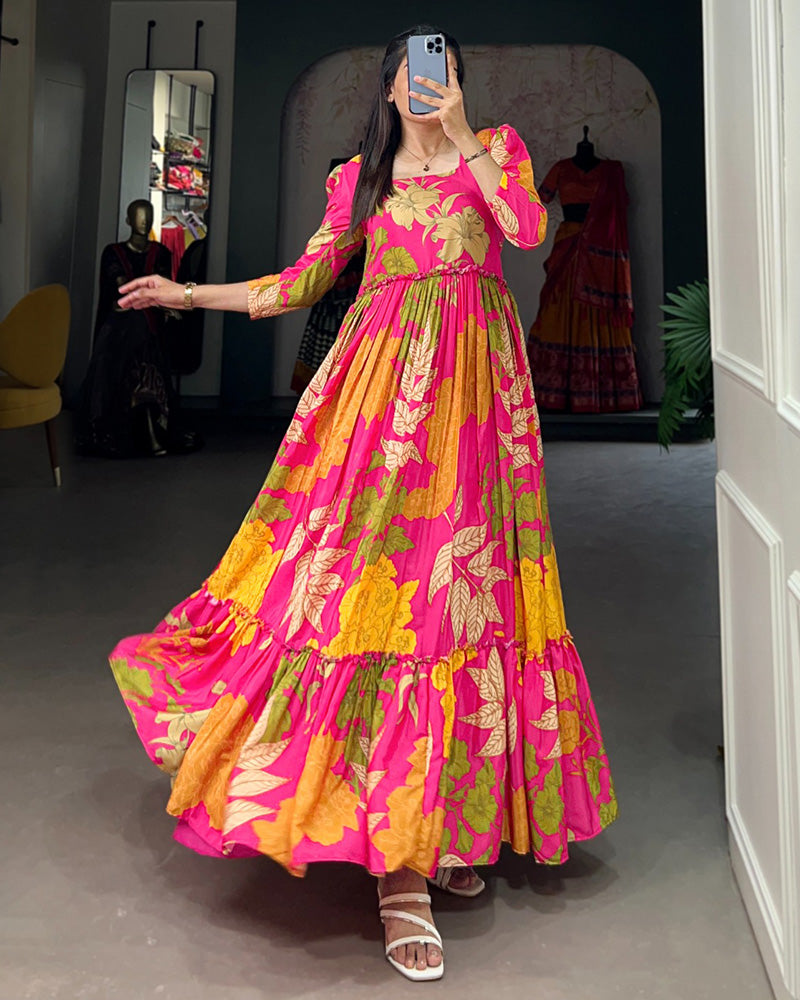 2 Color Crape Silk Floral Printed Gown