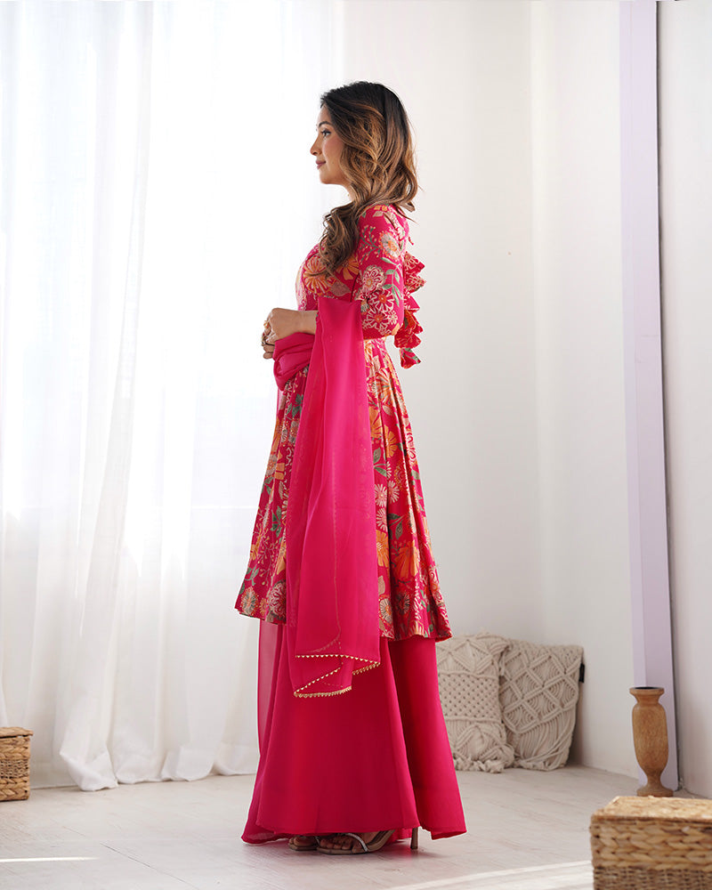 Rani Pink Color Roman Silk Discharge Printed Plazzo Suit