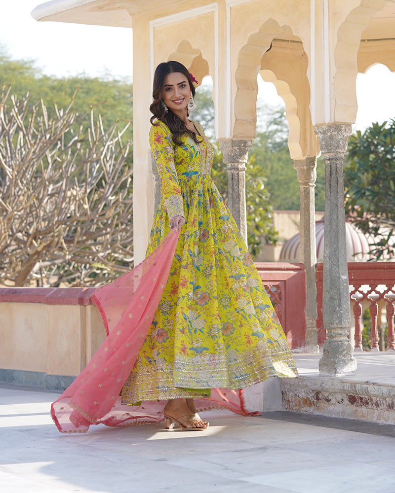 Wedding Wear Zari Embroidered Yellow Color Gown With Dupatta