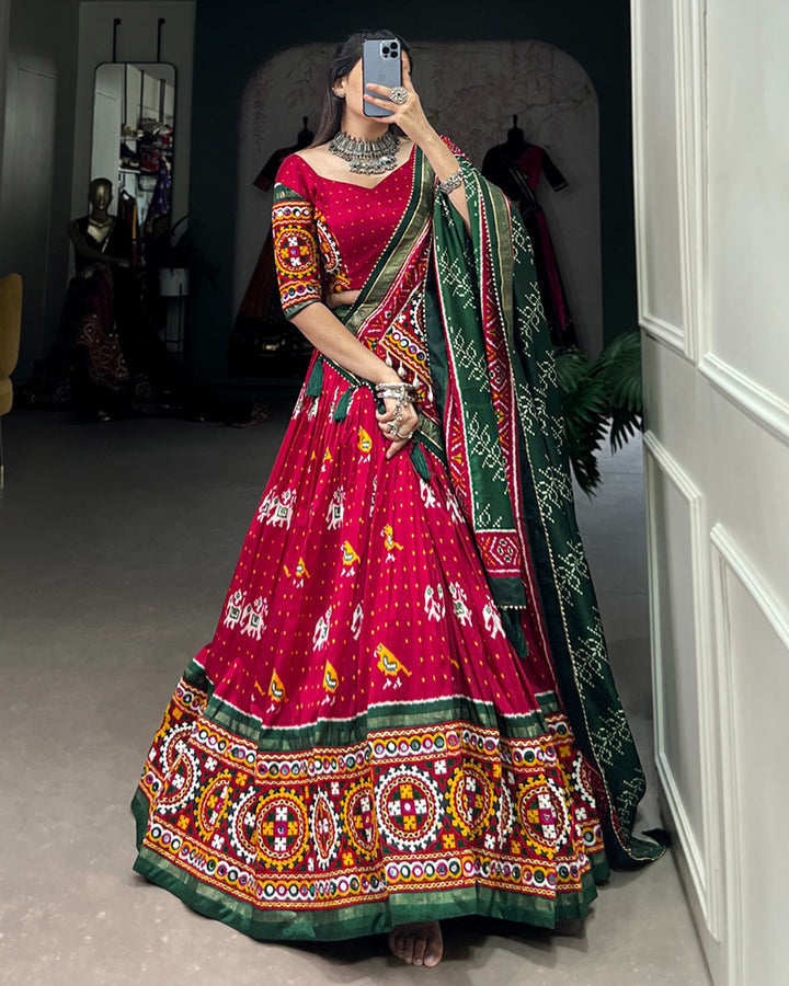 Red Color Tussar Silk Gamthi Work Lehenga Choli