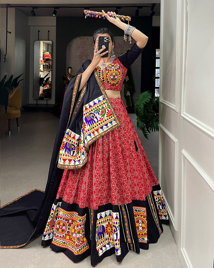 Red Color Cotton Gamthi Work Navratri Lehenga Choli