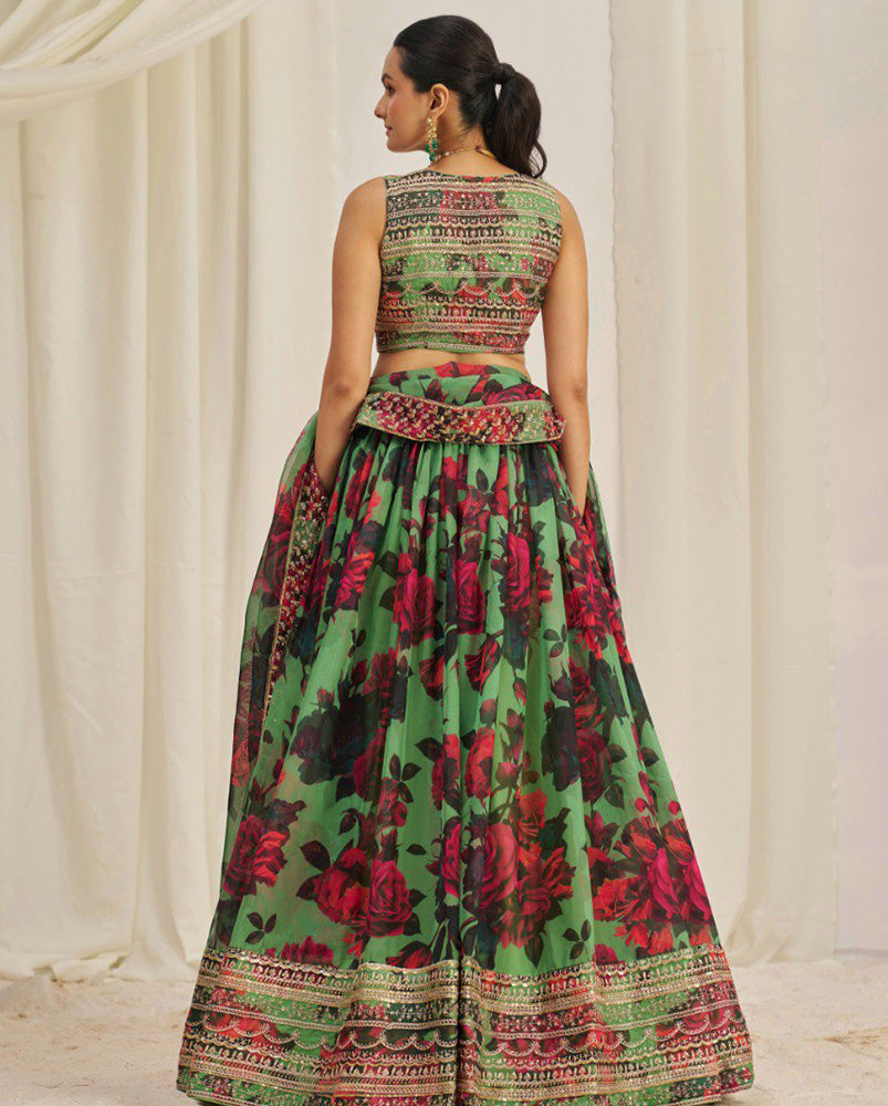 Red And Green Color Floral Printed Organza Lehenga Choli
