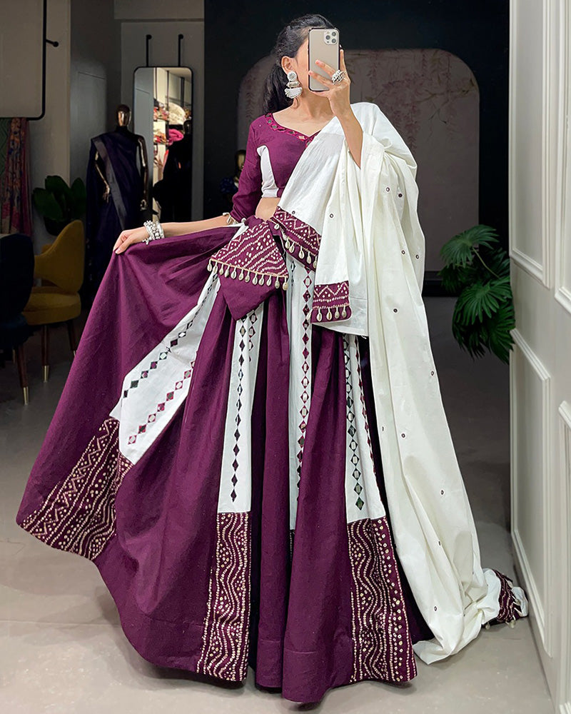 White And Wine Color Cotton Navratri Lehenga Choli