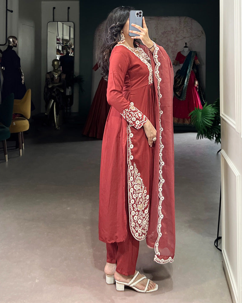 Rust Orange Color Maska Cotton Three Piece Kurti Suit