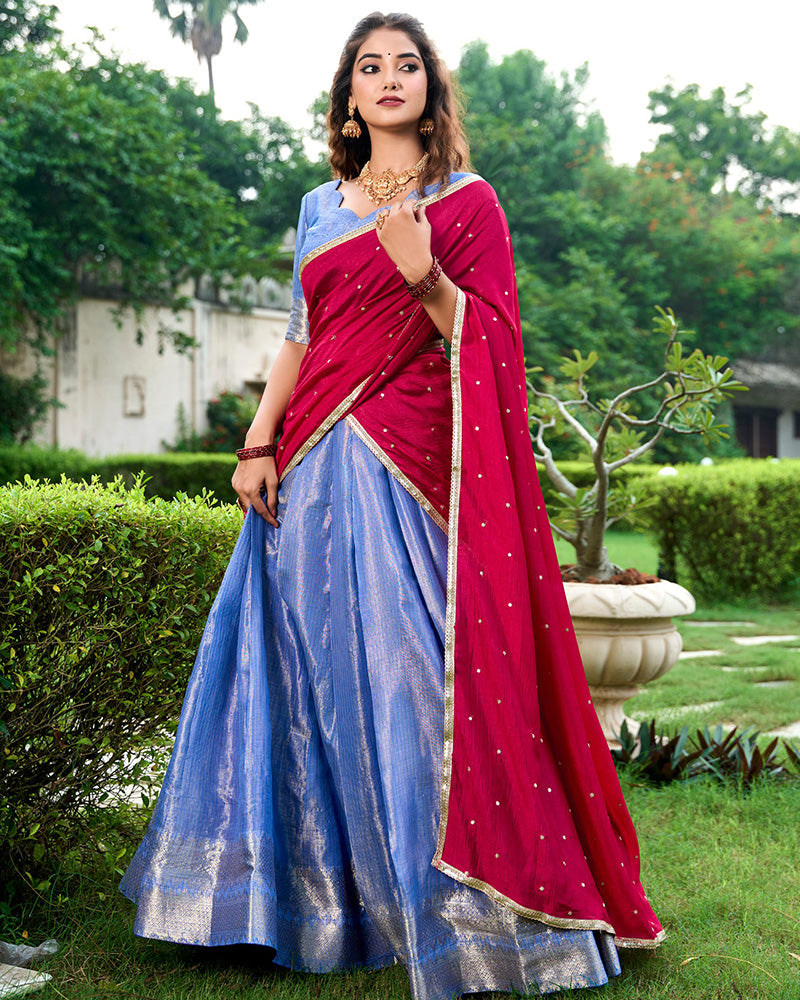 Blue Color Kanchipuram Designer Half Saree