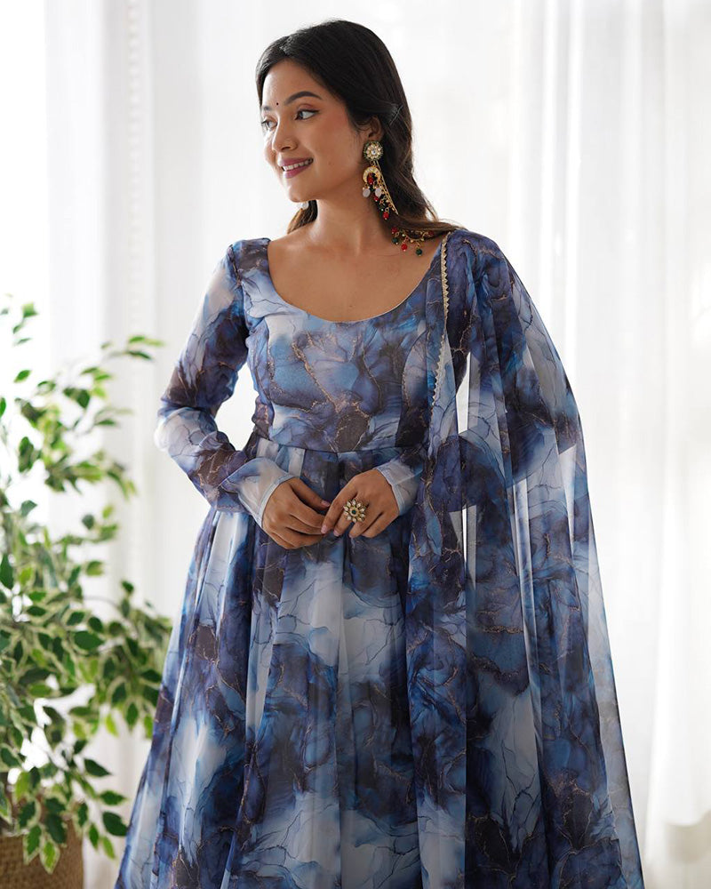 Navy Blue Color Pure Soft Organza Three Piece Anarkali Suit