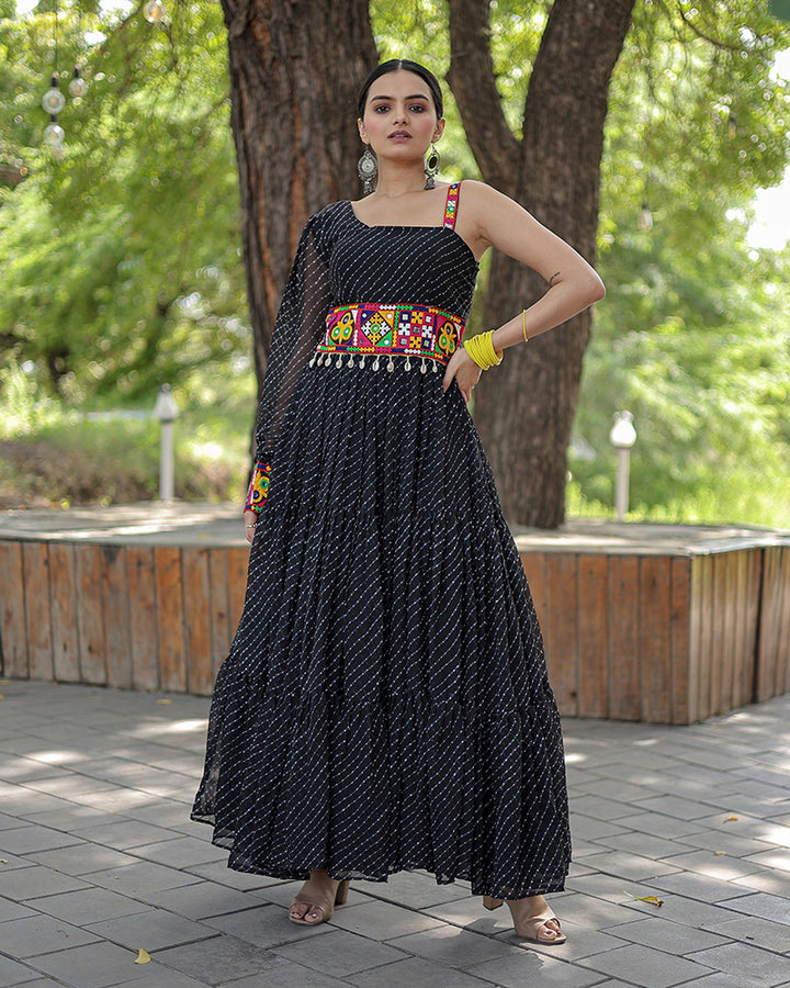 Black Color Georgette Laheriya Print Navratri Gown