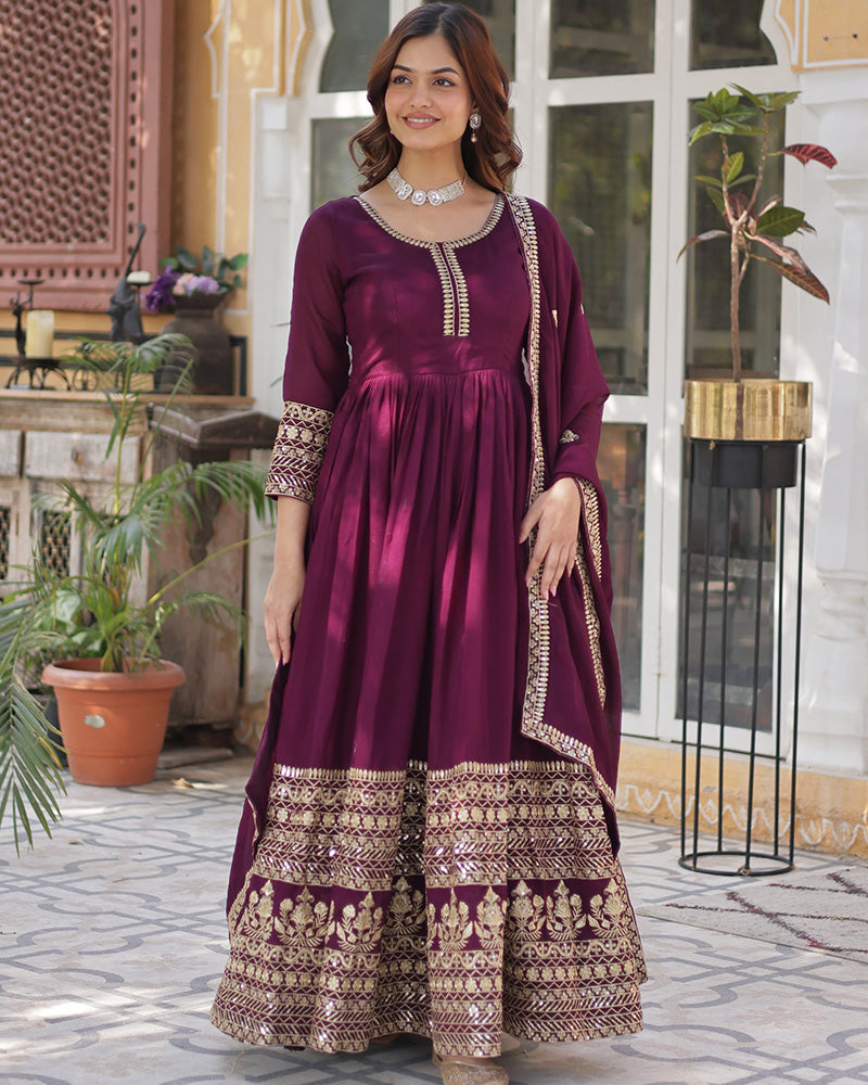 Wine Color Vichitra Shimmer Sequence Embroidered Gown