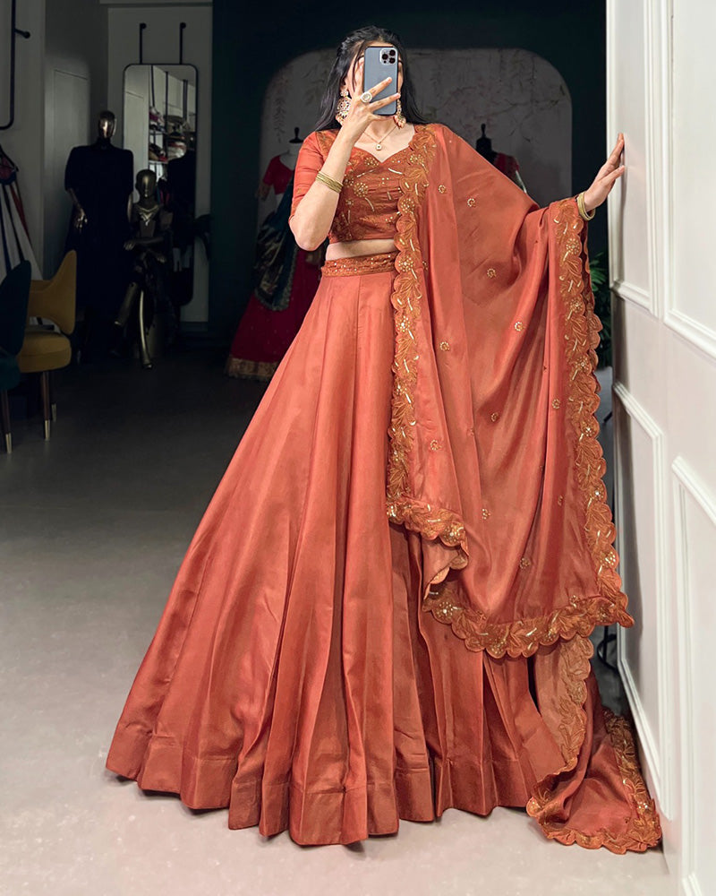 Rust Orange Color Korean Tussar Silk Lehenga Choli
