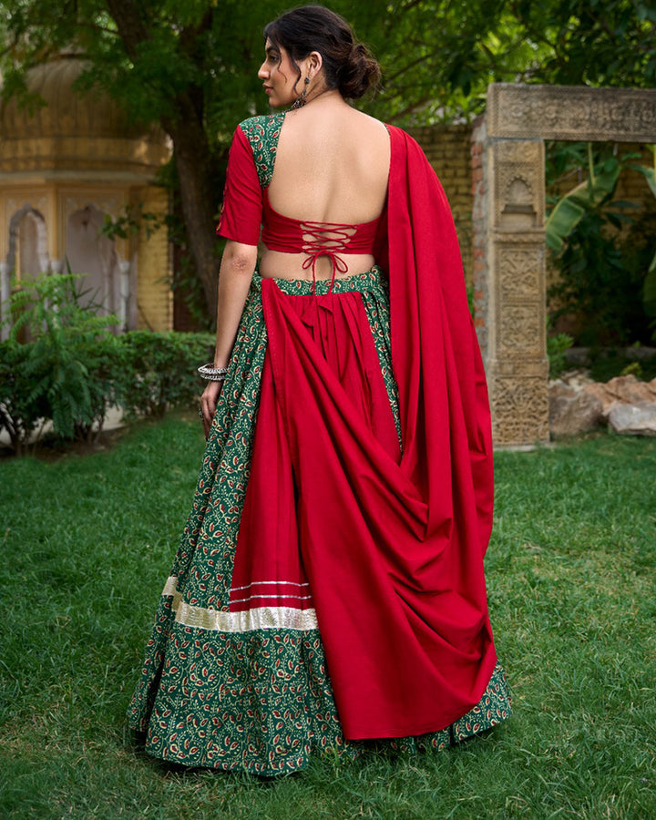 Red And Green Color Cotton Printed Navratri Lehenga Choli