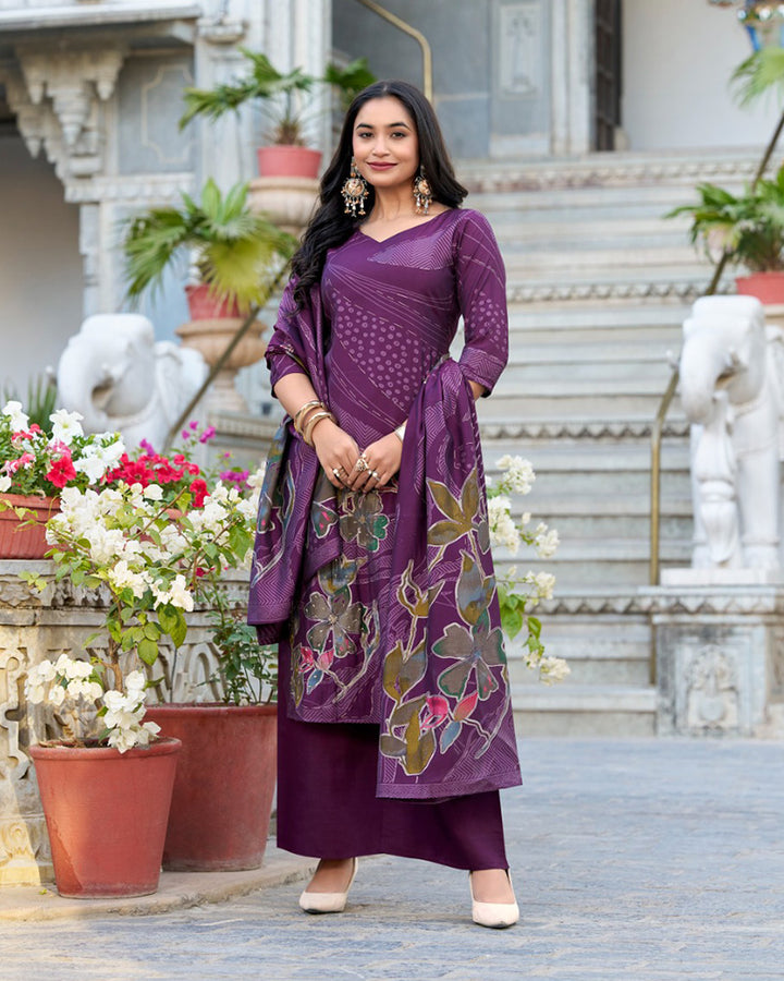 Wine Color Roman Silk Three Piece Kurti Suit