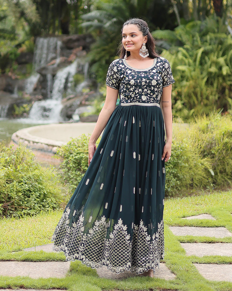 Mehndi Color Faux Blooming Embroidered Gown