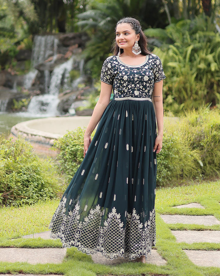 Mehndi Color Faux Blooming Embroidered Gown