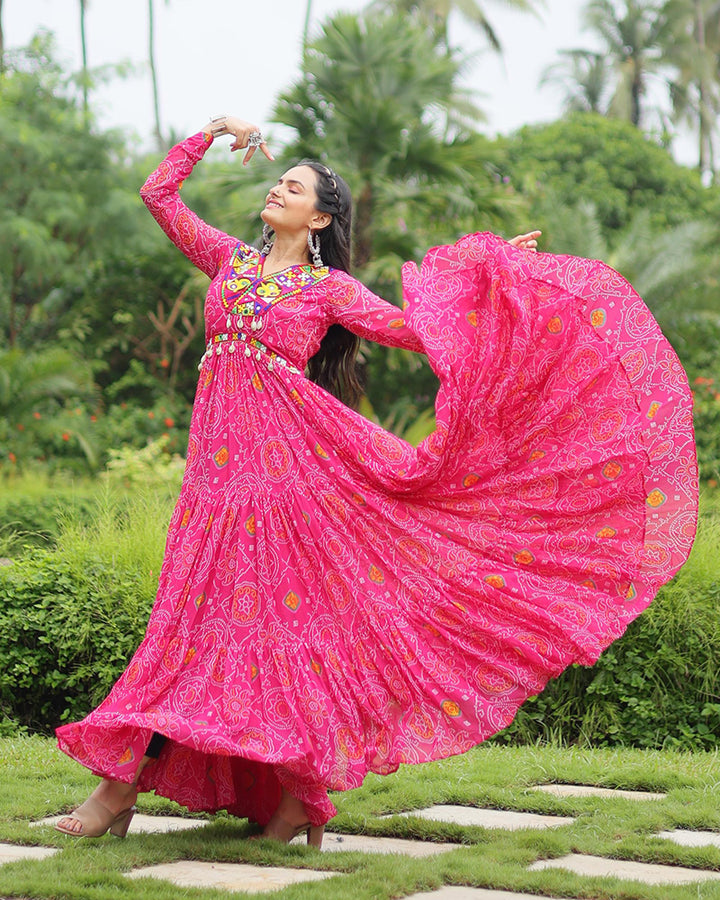 Pink Color Georgette Kutchi Work Navratri Gown