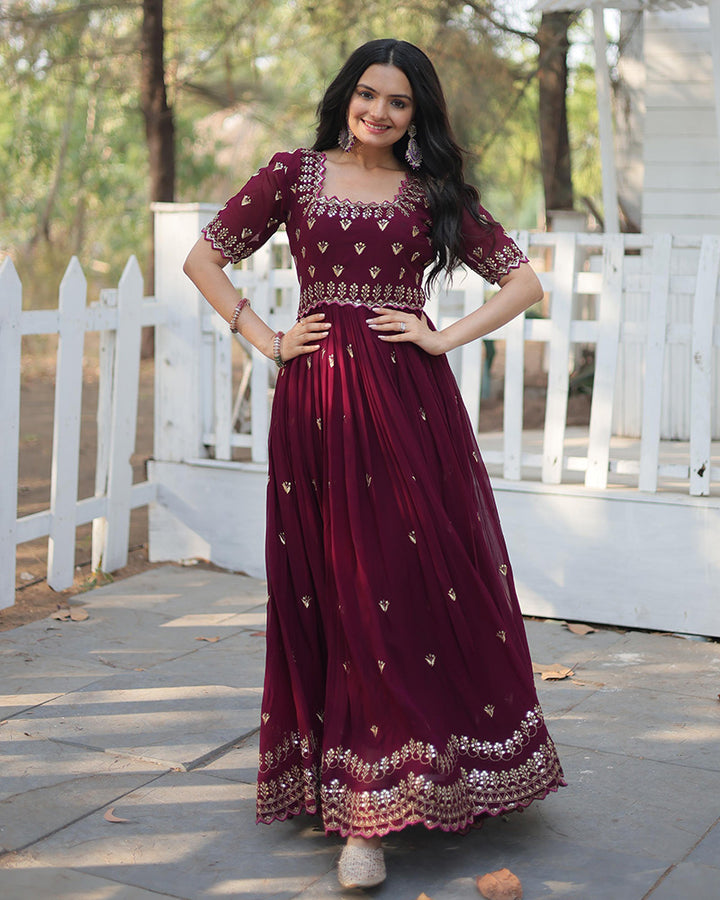 Reddish Maroon Color Faux Blooming Embroidered Gown