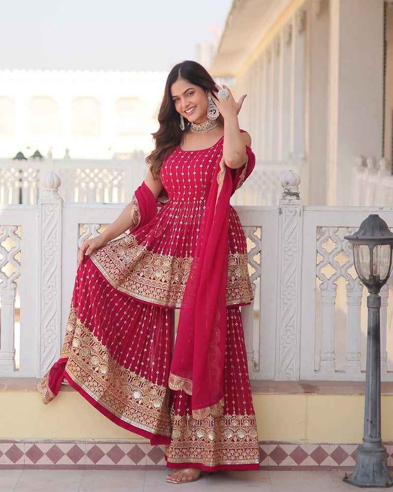 Designer Rani Pink Color Three Piece Gharara Suit