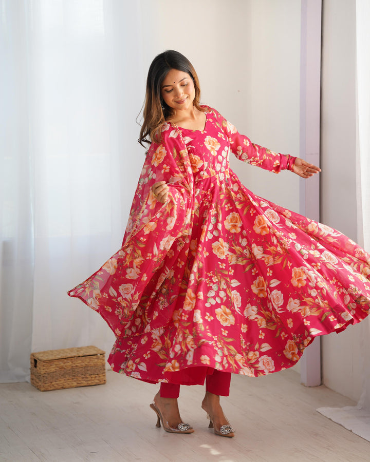 Rani Pink Color Pure Soft Organza Three Piece Anarkali Suit