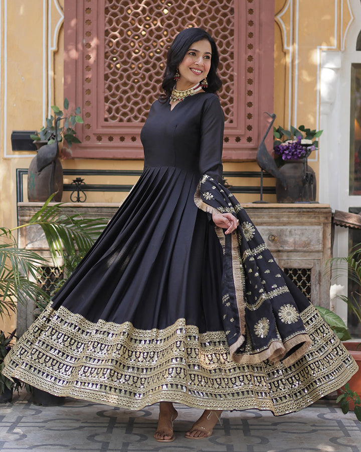 Black Color Star Georgette Sequence Embroidered Gown