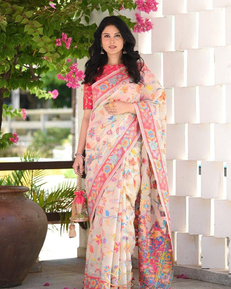 Cream Colour Banarsi Soft Silk Saree