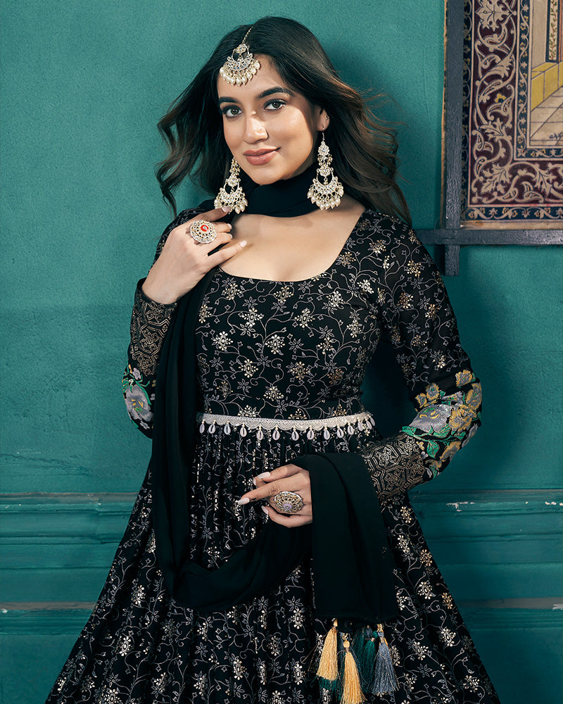 Black Color Faux Georgette Metalic Foil Work Gown With Dupatta