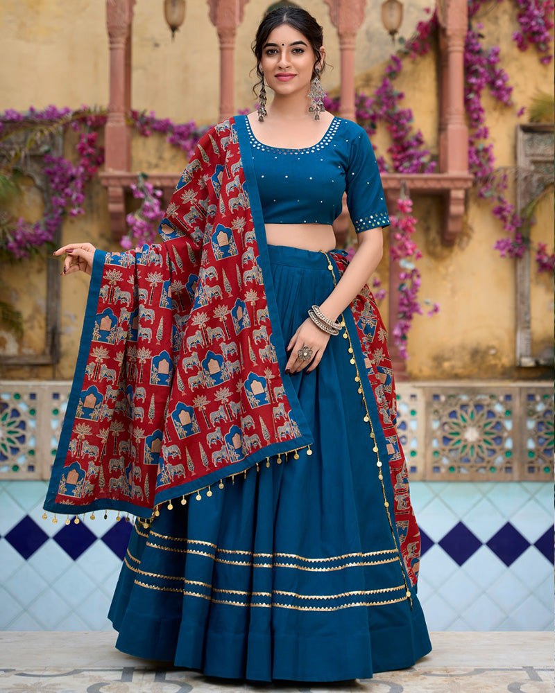 Firozi Color Cotton Plain Navratri Lehenga Choli