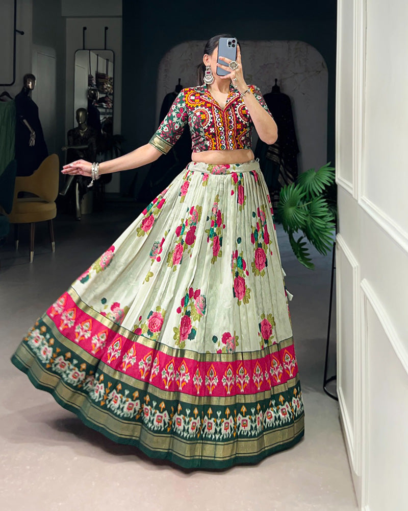 Green Color Tussar Silk Patola Printed Lehenga Choli