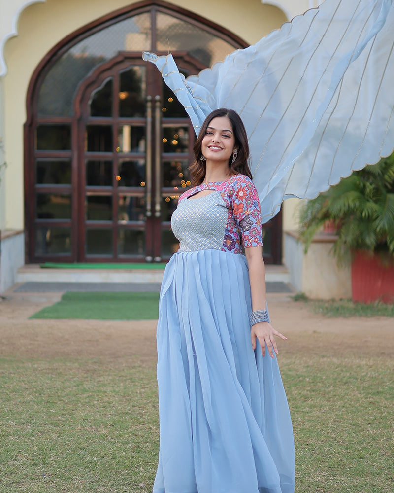 Sky Blue Color With Fancy Neck Faux Georgette Designer Anarkali Suit