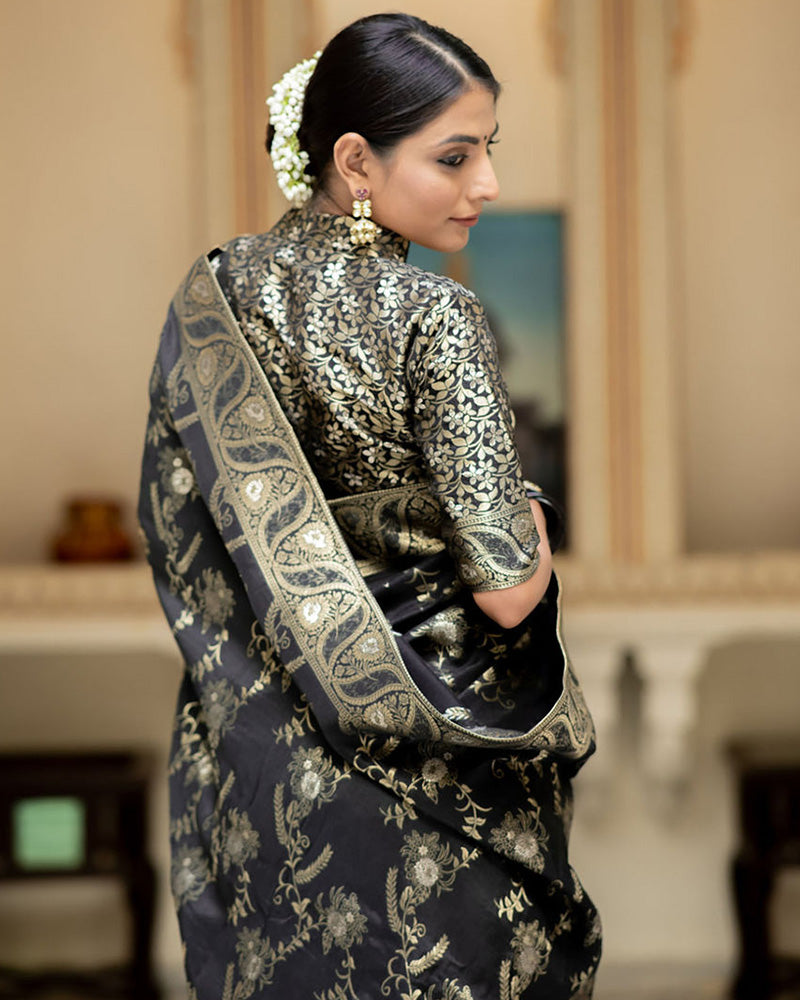 Black Color Banarasi Jacquard Zari Weaving Saree