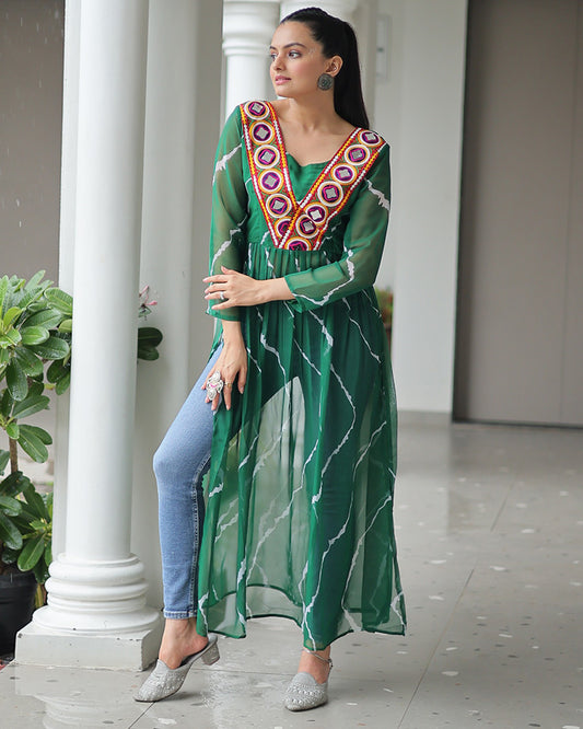 Green Color Faux Georgette Kutchi Work Navratri Kurti