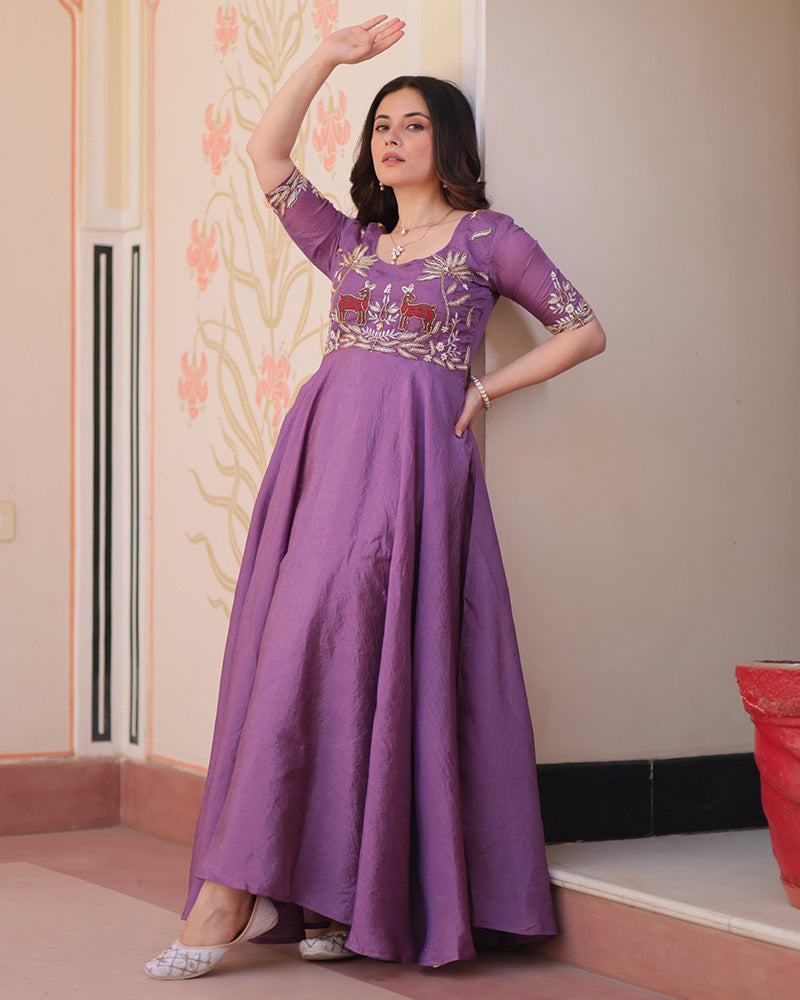 Lavender Color Gold Crush Embroidered Work Gown