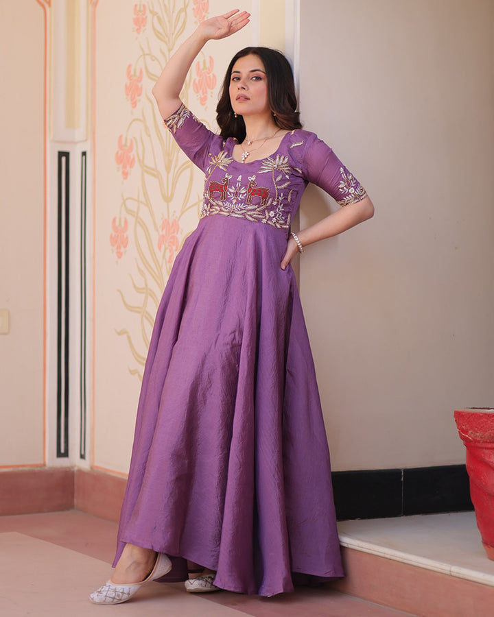 Lavender Color Gold Crush Embroidered Work Gown