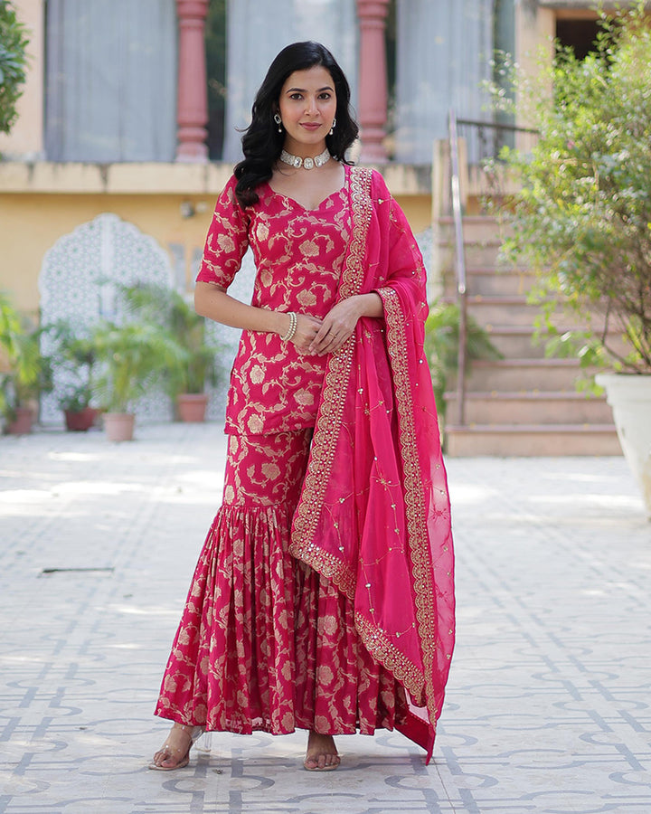 Rani Pink Color Georgette Jacquard Gharara Suit