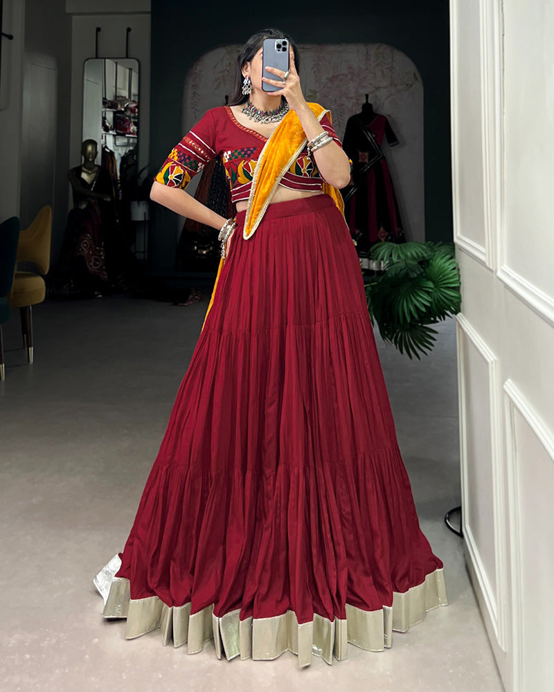 Maroon Color Rayon Ruffle Style Navratri Lehenga Choli