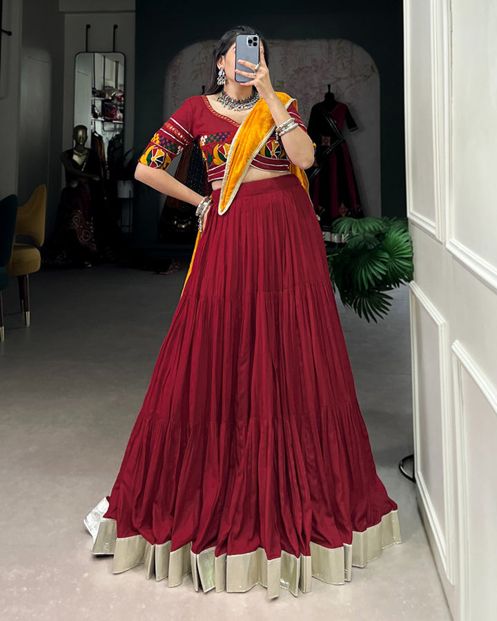 Maroon Color Rayon Ruffle Style Navratri Lehenga Choli