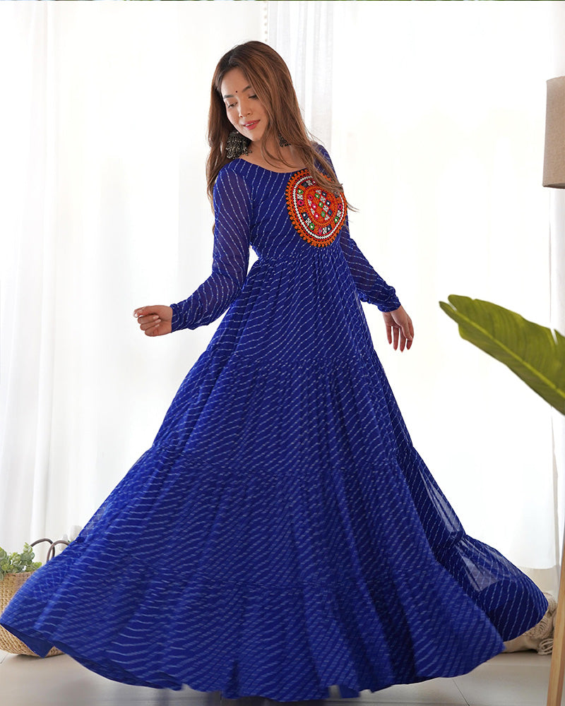 Royal Blue Color Georgette Laheriya Print Navratri Gown