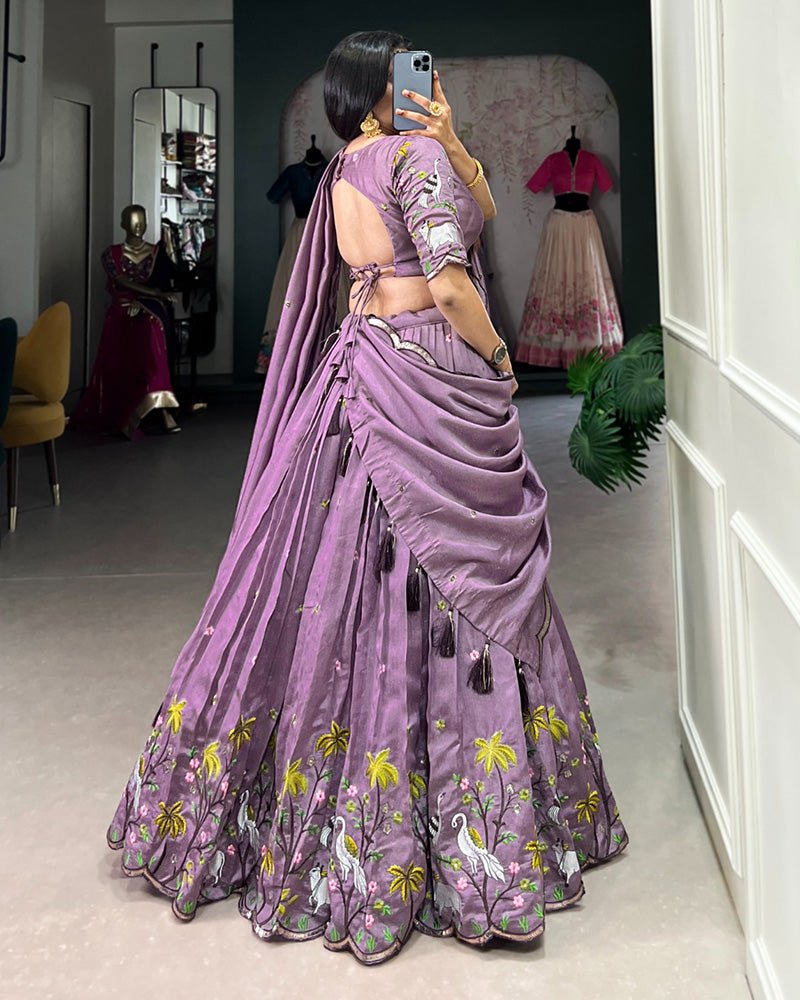 Lavender Color Vichitra Silk Thread Embroidered Lehenga Choli